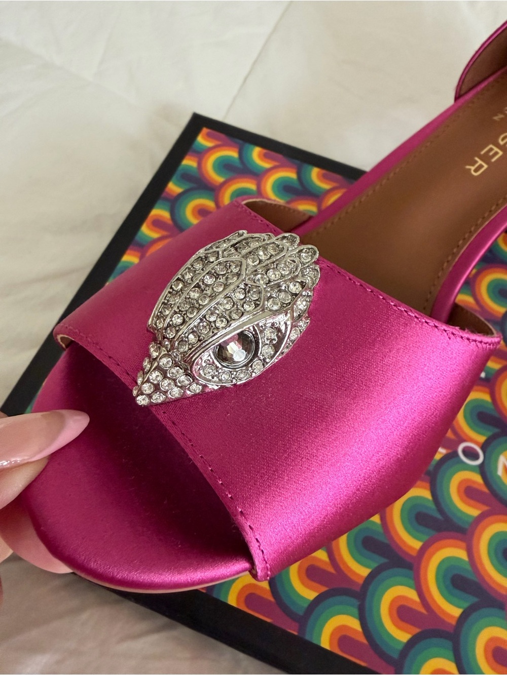 Kurt Geiger Hot Pink Satin Peep-Toe Heels with Crystal Brooch - Picture 3 of 7